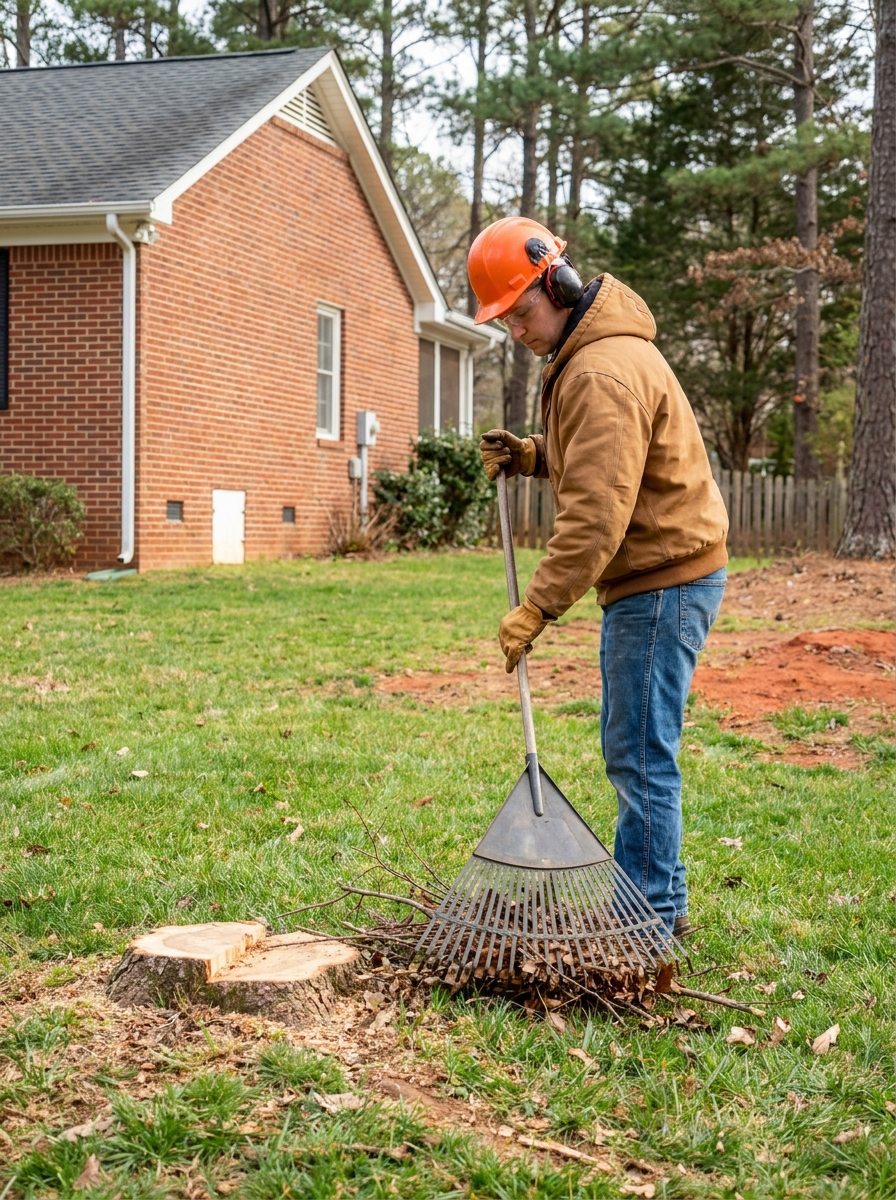 Worker raking a lawn beside a cut stump after fallen tree removal in Raleigh NC
